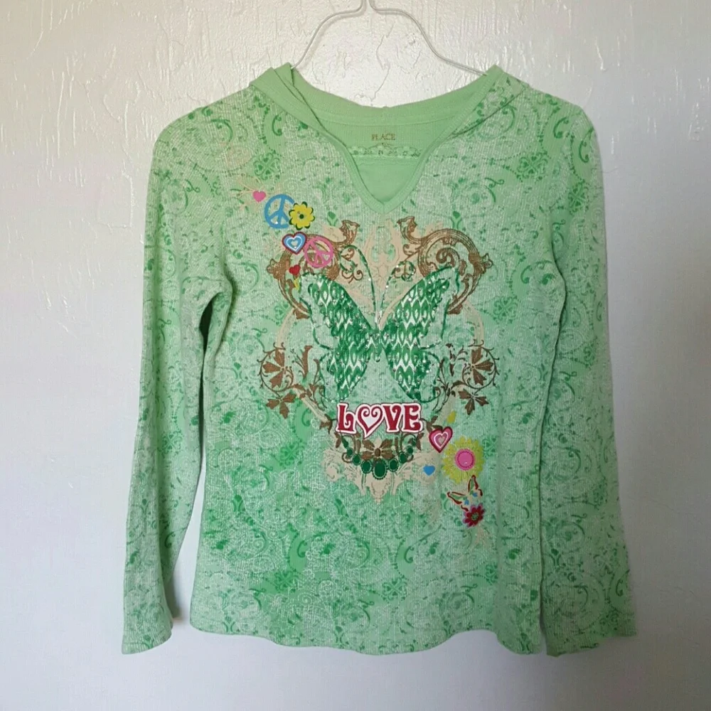 The Children’s Place Girls Waffle Knit Hoodie Long Sleeve Size L Green
